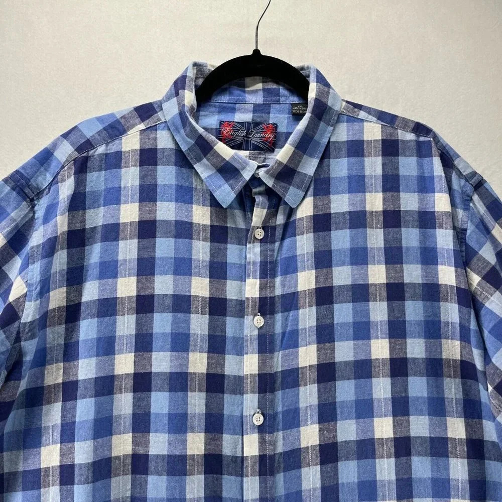 English Laundry Shirt Mens XXL Gingham Button Up Short Sleeve Linen Cotton Blue - Picture 3 of 11
